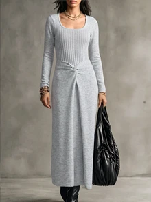 Breezaya Women's Solid Color Square Neck Long Sleeve Waist Twist Design Knit Dress - Grey - View 5