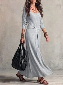 Breezaya Women's Solid Color Square Neck Long Sleeve Waist Twist Design Knit Dress - Grey - View 4
