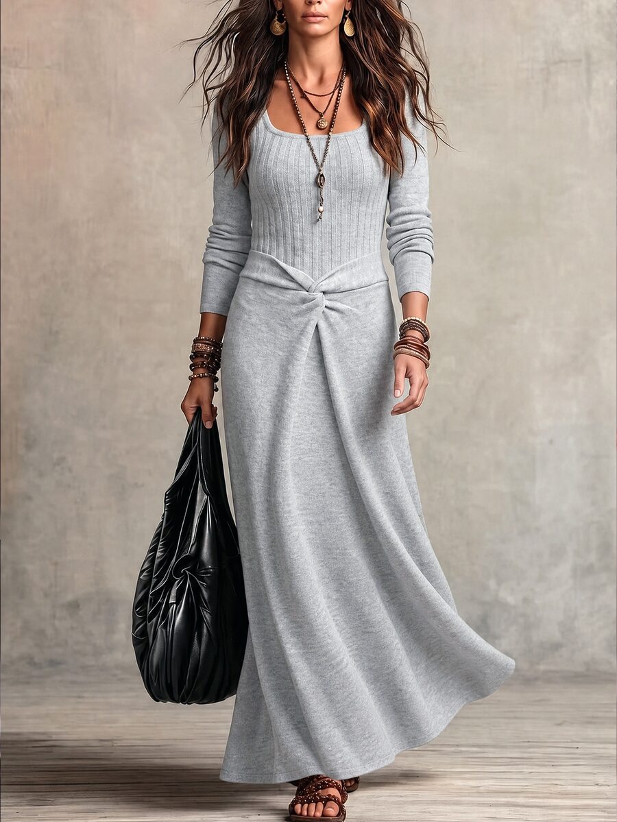 Breezaya Women's Solid Color Square Neck Long Sleeve Waist Twist Design Knit Dress - Grey - View 1
