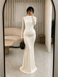SHEIN Elenzya Women's Autumn/Winter Lace Dress, Suitable For Ball Party, Wedding Bridesmaid, Guest Outfit, Elegant Fashion Dress - White - View 3