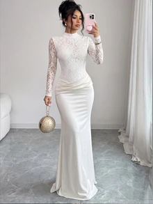 SHEIN Elenzya Women's Autumn/Winter Lace Dress, Suitable For Ball Party, Wedding Bridesmaid, Guest Outfit, Elegant Fashion Dress - White - View 4
