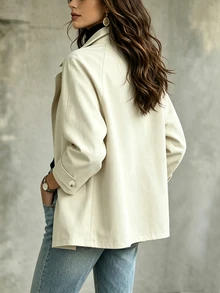 LUMIGAL Áo khoác trench nữ cổ cao cài cúc tay dài - Màu be - Xem 2