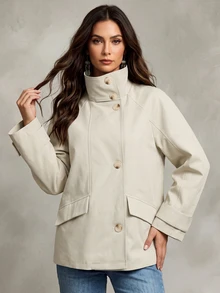 LUMIGAL Áo khoác trench nữ cổ cao cài cúc tay dài - Màu be - Xem 3