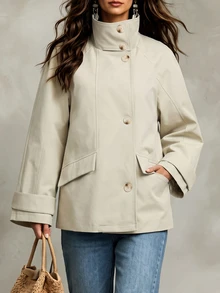 LUMIGAL Áo khoác trench nữ cổ cao cài cúc tay dài - Màu be - Xem 4