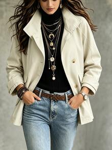 LUMIGAL Áo khoác trench nữ cổ cao cài cúc tay dài - Màu be - Xem 8