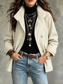 LUMIGAL Áo khoác trench nữ cổ cao cài cúc tay dài - Màu be - Xem 6