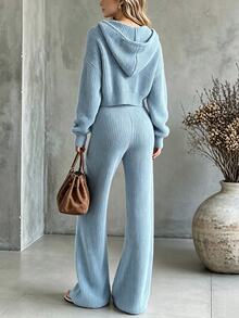 SHEIN Fall/Winter New Year Night Out Brunch Sweater 2 Pieces Set Blue Zip Hoodie Short Cardigan And Slim Flare-Leg Sweater Pants Spring Chic Knitwear Sweater - Baby Blue - View 3