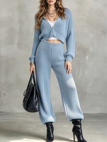 SHEIN Fall/Winter New Year Night Out Brunch Sweater 2 Pieces Set Blue Zip Hoodie Short Cardigan And Slim Flare-Leg Sweater Pants Spring Chic Knitwear Sweater - Baby Blue - View 6