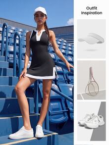 CourtClass CourtClass Women's Sports Dress Black & White Colorblock V-Neck Sleeveless Tennis Dress With Built-In Safety Shorts And Slit Golf Skirt - Black - View 3
