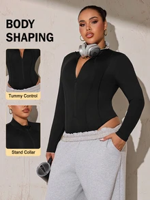 SHEIN Rhythm Era Bộ jumpsuit thể thao nữ size lớn màu trơn, kéo khóa, tay dài, mặc mùa đông - màu đen - Xem 4