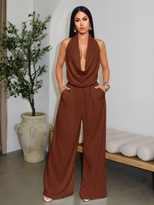 SOLERSUN 女款優雅性感度假風咖啡棕色掛脖垂領露背口袋寬腿連身褲，適合辦公室、派對、夜生活、商務、夏季 - 咖啡棕 - 查看 7