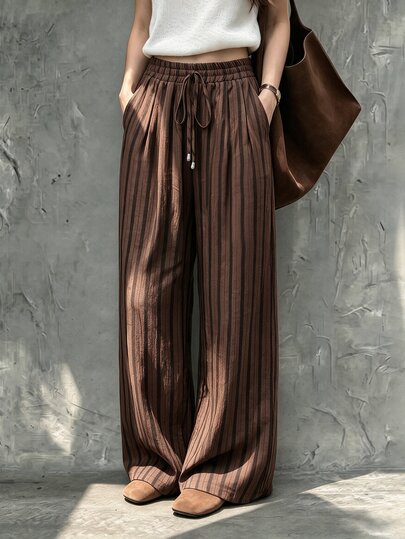 Ceyna Plus Size Women's Autumn/Winter Brown Vertical Striped Wide Leg Long Pants With Drawstring Elastic Waist, Draped Loose Fit, Comfortable Slimming Casual Pants For Home, Shopping, Travel, Vacation, Daily Wear, Versatile Relaxed Straight Leg Trousers