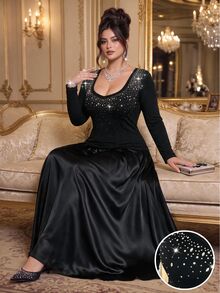 Roveilla Plus Size Rhinestone Fashion Sexy Elegant Business Casual French Long Sleeve T-Shirt Halloween Cocktail Party Night Black Fall - Black - View 7