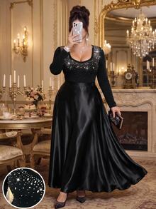 Roveilla Plus Size Rhinestone Fashion Sexy Elegant Business Casual French Long Sleeve T-Shirt Halloween Cocktail Party Night Black Fall - Black - View 1