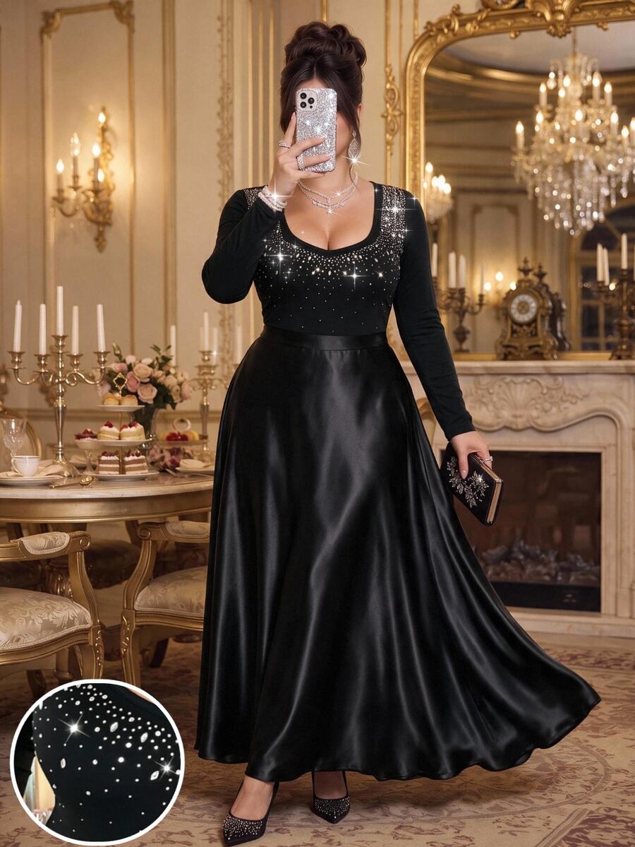 Roveilla Plus Size Rhinestone Fashion Sexy Elegant Business Casual French Long Sleeve T-Shirt Halloween Cocktail Party Night Black Fall - Black - View 1