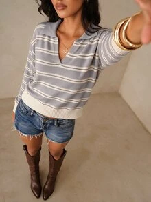 Glamine Women's Striped Colorblock Sweet Polo Collar Knit Top - Multicolor - View 2