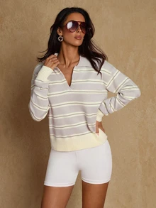 Glamine Women's Striped Colorblock Sweet Polo Collar Knit Top - Multicolor - View 7