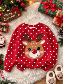 Girls' Cute Christmas Reindeer Pattern Sweatshirt, Polka Dot Red Pullover Top, Children's Holiday Party Long Sleeve Top - Multicolor - View 1