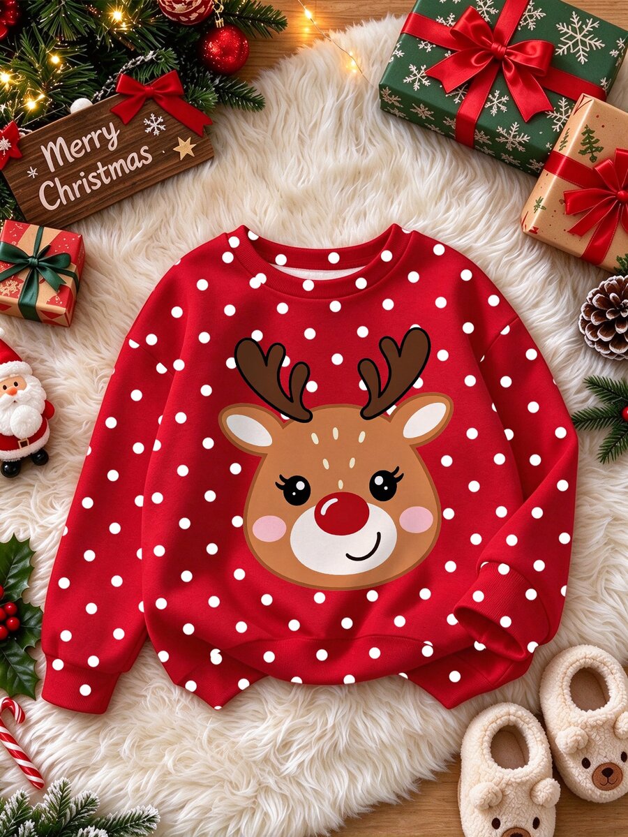 Girls' Cute Christmas Reindeer Pattern Sweatshirt, Polka Dot Red Pullover Top, Children's Holiday Party Long Sleeve Top - Multicolor - View 1