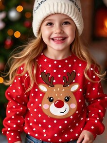 Girls' Cute Christmas Reindeer Pattern Sweatshirt, Polka Dot Red Pullover Top, Children's Holiday Party Long Sleeve Top - Multicolor - View 3