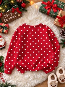 Girls' Cute Christmas Reindeer Pattern Sweatshirt, Polka Dot Red Pullover Top, Children's Holiday Party Long Sleeve Top - Multicolor - View 2