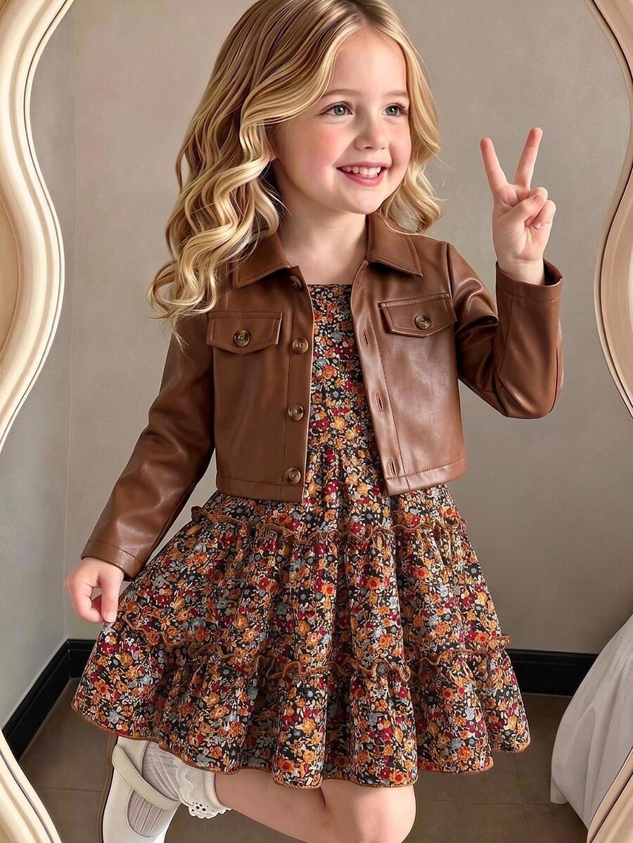 SHEIN 女童時尚西裝領長袖外套+彈性腰 A 字層次花卉印花細肩帶洋裝 2 件套休閒日常春秋冬棕色 - 棕色 - 查看 1