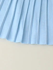 SHEIN (少女)燕麥色手工歐根紗蝴蝶結圓領落肩長袖套頭毛衣 + 成套百褶裙 秋冬款 - 淺藍色 - 查看 4
