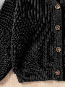 SHEIN Young Girls Lightweight V-Neck Cardigans,Cozy Flared Sleeves Fashion Knitwear For Winter,School,Back-To-School,Daily Wear,Beige,White,Light Yellow - Black - View 6