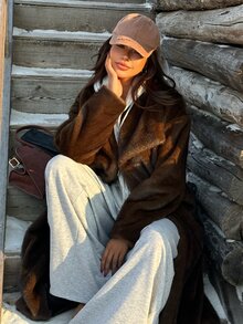 Muchica 棕色人造毛大翻領長版大衣，適合日常通勤、街頭風、派對、秋冬/夏季、聖誕節、新年、感恩節、畢業典禮、優雅、外出、約會、通勤、情人節、Y2K及其他場合 - 棕色 - 查看 6