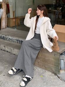 DAZY Women's Casual Minimalist Solid Color Knitted Long Skirt Suitable For Autumn/Winter - Grey - View 3