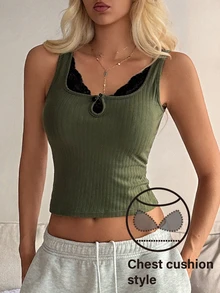 Livesso Women's Sweet Lace Patchwork Base Layer Top - Green - View 1
