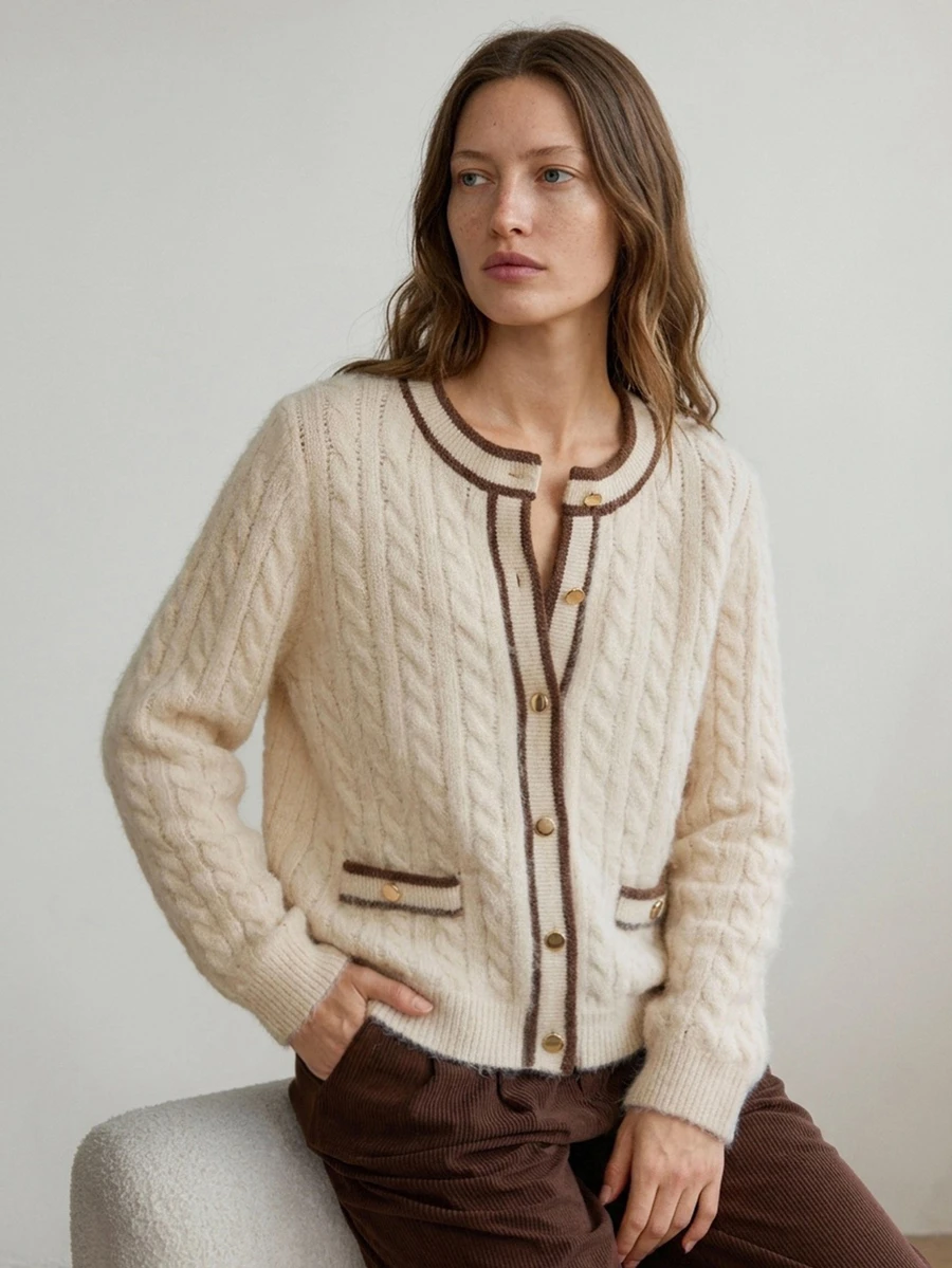 DAZY Women's Colorblock Casual French Elegant Daily Office Long Sleeve Cardigan Autumn Beige Winter - Apricot - View 1