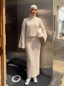 DAZY Women's High Neck Drop Shoulder Long Sleeve Cable Knit Sweater And Knitted Skirt Set - Apricot - View 3
