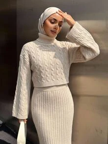 DAZY Women's High Neck Drop Shoulder Long Sleeve Cable Knit Sweater And Knitted Skirt Set - Apricot - View 1