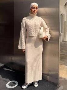 DAZY Women's High Neck Drop Shoulder Long Sleeve Cable Knit Sweater And Knitted Skirt Set - Apricot - View 5
