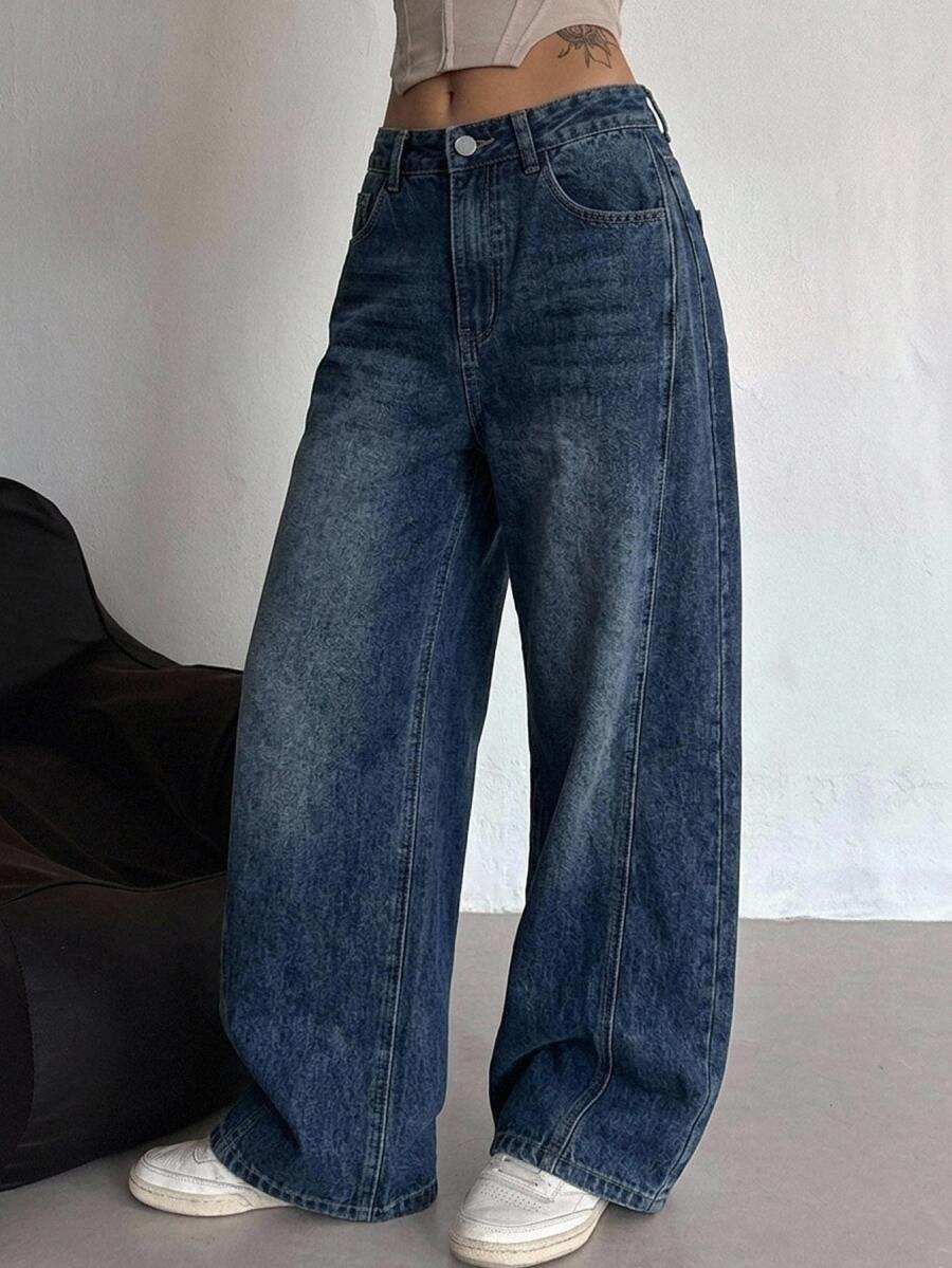 DAZY Women's Casual Fashion Street Chic Daily Commute Washed Loose Wide-Leg Jeans Cute Tops - Blue - View 1