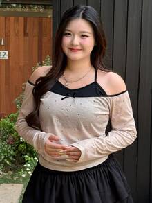 REIGN AVE Plus Size Bowknot Decor Neck Tie Wrap Front Long Sleeve T-Shirt Going Out Tops Women Off The Shoulder - Apricot - View 7