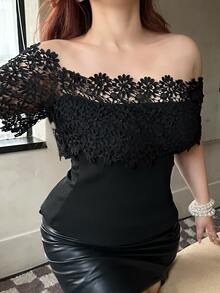 REIGN AVE Lace Patchwork Off Shoulder Elegant Fitted Cropped Plus Size Women Black Short Sleeve T-Shirt Off The Shoulder Summer Going Out Tops - Black - View 5