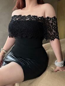 REIGN AVE Lace Patchwork Off Shoulder Elegant Fitted Cropped Plus Size Women Black Short Sleeve T-Shirt Off The Shoulder Summer Going Out Tops - Black - View 8