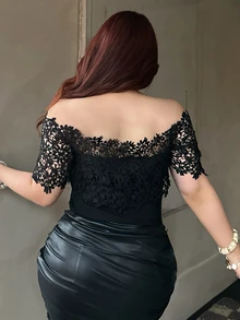 REIGN AVE Lace Patchwork Off Shoulder Elegant Fitted Cropped Plus Size Women Black Short Sleeve T-Shirt Off The Shoulder Summer Going Out Tops - Black - View 4