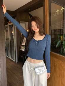DAZY Women's Tie-Front Design Long Sleeve Slim Fit Cropped T-Shirt Fall - Blue - View 9