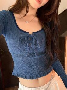 DAZY Women's Tie-Front Design Long Sleeve Slim Fit Cropped T-Shirt Fall - Blue - View 6