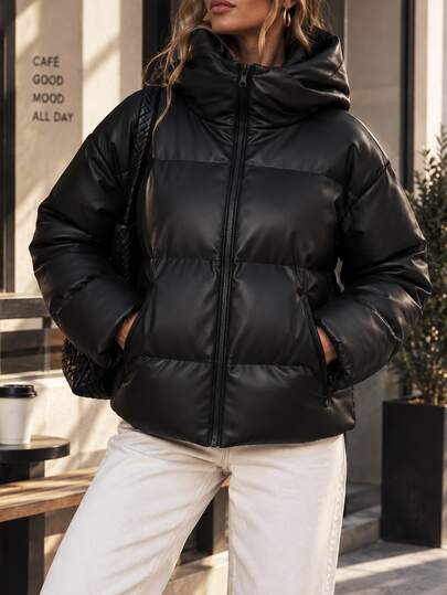 RiviMae Women's Black Faux Leather Puffer Winter Coat – Warm Hooded Winter Coat, Zip-Up, Lightweight Quilted Outerwear, Casual Fashion For Cold Weather