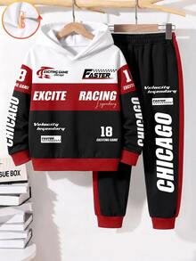 Tween Boy Casual Minimalist Long Sleeve Hooded Comfortable Sweatshirt 2 Pieces Set Suitable For Autumn/Winter, Classic Cool Racing Car Graphic Print, Classic Racing Culture Graphic Print, Suitable For Sports - Multicolor - View 3
