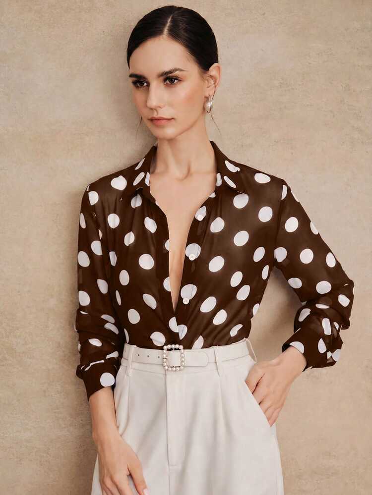 Anewsta Essential High Quality Fashionable French Retro Elegant Polka Dot Chiffon Long Sleeve Blouse, Versatile Shirt For Commuting, Vacation Outfits Women - Brown - View 7