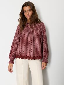 Nöista Womenswear Blouse With Checks/Dots Fabric With Hem Lace Trimming Detail, Ruffle Cuff. Perfect For Fall/Winter Country, Cute, Weekend Outfit  - Burgundy - View 2