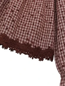 Nöista Womenswear Blouse With Checks/Dots Fabric With Hem Lace Trimming Detail, Ruffle Cuff. Perfect For Fall/Winter Country, Cute, Weekend Outfit  - Burgundy - View 10