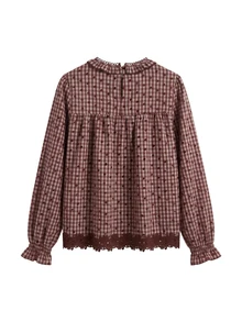 Nöista Womenswear Blouse With Checks/Dots Fabric With Hem Lace Trimming Detail, Ruffle Cuff. Perfect For Fall/Winter Country, Cute, Weekend Outfit  - Burgundy - View 9
