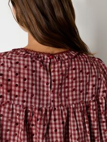 Nöista Womenswear Blouse With Checks/Dots Fabric With Hem Lace Trimming Detail, Ruffle Cuff. Perfect For Fall/Winter Country, Cute, Weekend Outfit  - Burgundy - View 7