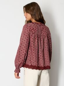 Nöista Womenswear Blouse With Checks/Dots Fabric With Hem Lace Trimming Detail, Ruffle Cuff. Perfect For Fall/Winter Country, Cute, Weekend Outfit  - Burgundy - View 6